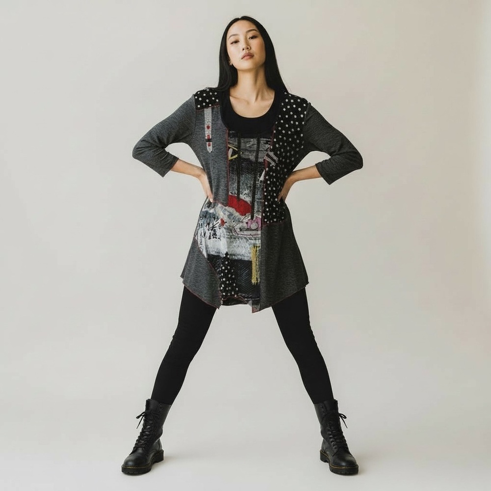 Vtg Artistic Graphic Long Sleeve tunic Invader‎ Zim Gir mixed media top Bali